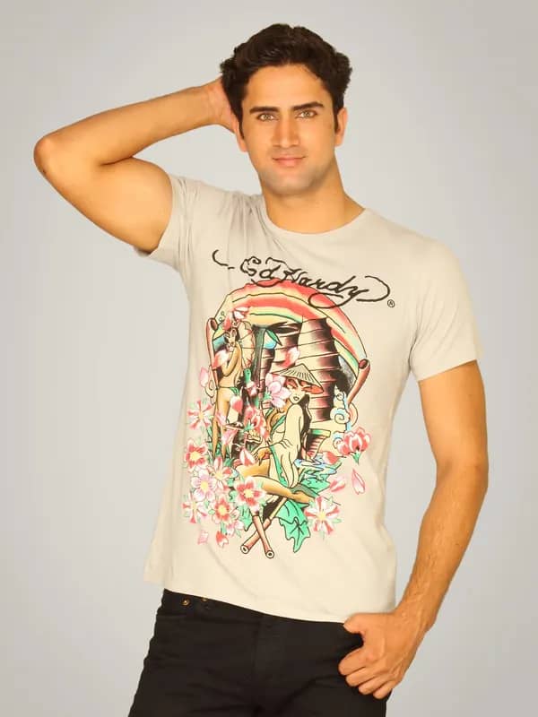 Ed Hardy Men's Geishas & Blossoms Grey T-shirt