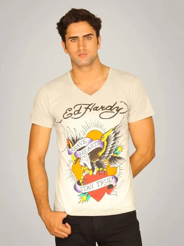 Ed Hardy Men's Brave Hearts Stay True Grey T-shirt