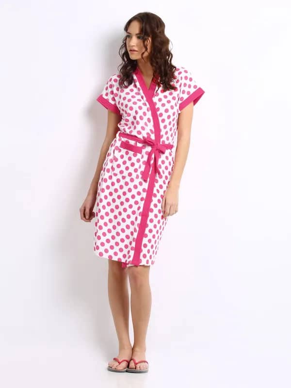 Red Rose Women White & Pink Polka Dot Print Bath Robe