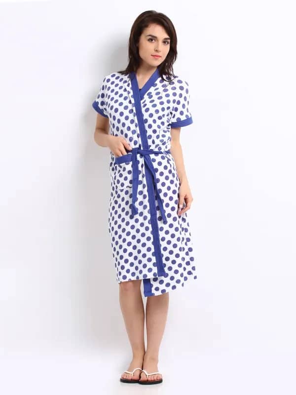 Red Rose Women White & Blue Polka Dot Print Bath Robe