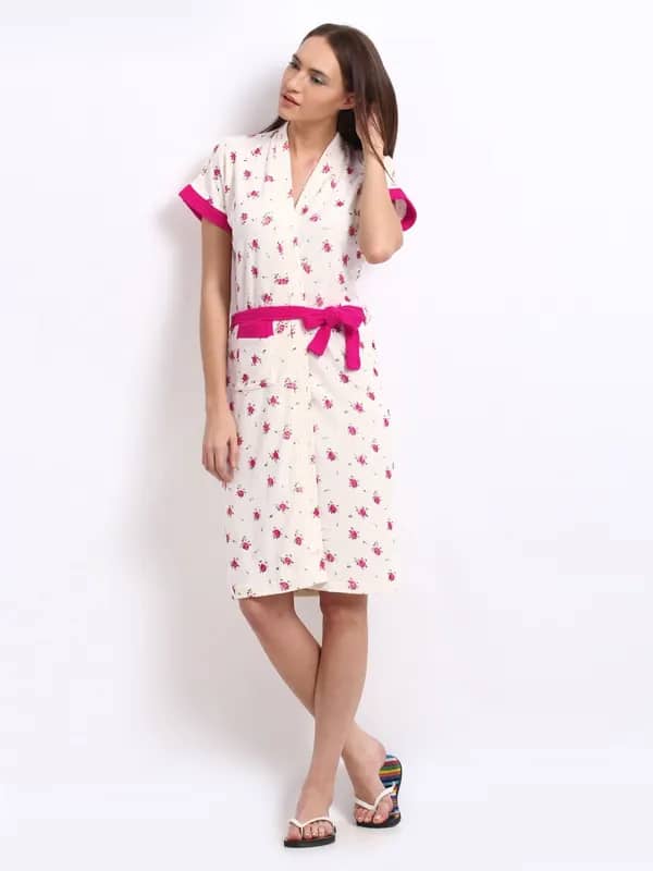 Red Rose Women Cream Floral Print Bath Robe