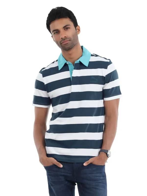 Puma Men White and Navy Blue T-shirt