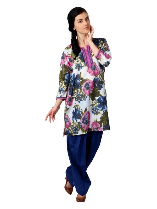 Shree Women White and Blue Printed Patiala Kurta Set