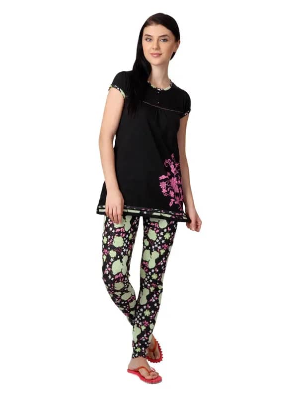 SDL by Sweet Dreams Women Black Printed Night Suit 319371