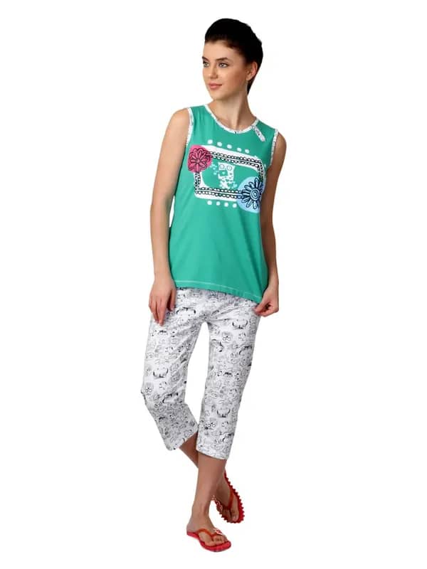 SDL by Sweet Dreams Women Green & White Printed Night Suit S11-3134