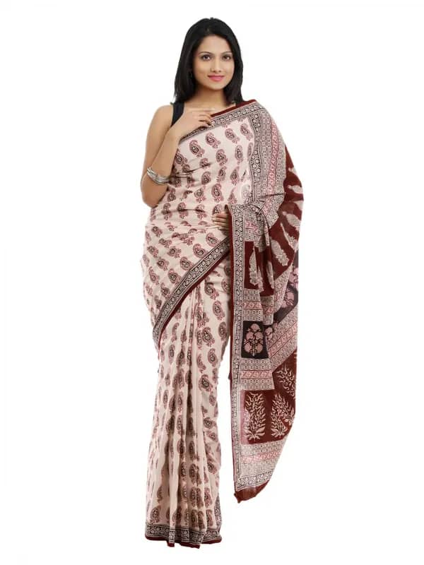 Fabindia Beige & Maroon Mull Printed Saree