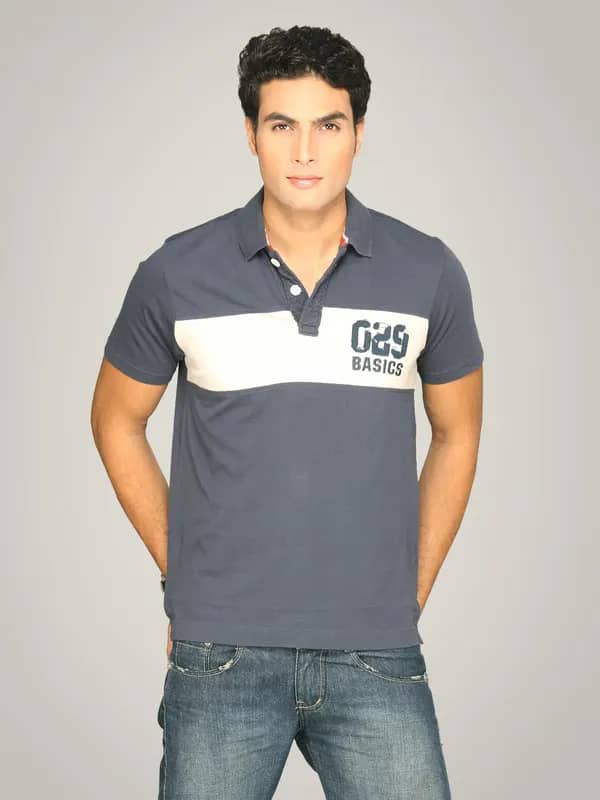 Basics Men Blue & White Striped Polo T-shirt
