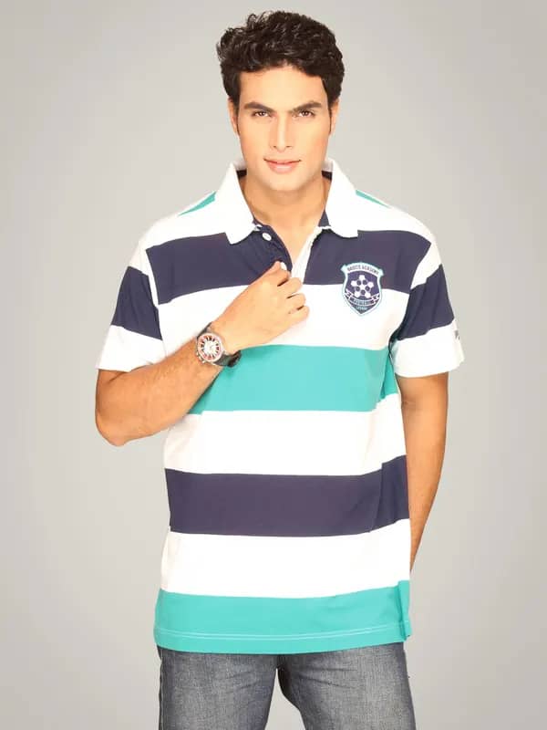 Basics Men Navy Academy Football League Striped Polo T-shirt