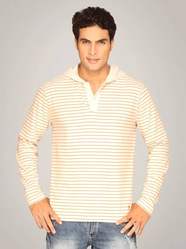 Basics Men Orange & White Striped Hooded T-shirt