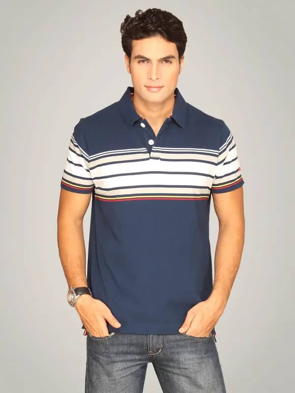 Basics Men Navy & White Striped Polo T-shirt