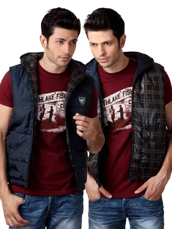 Just Natural Men Navy Blue & Black Reversible Jacket