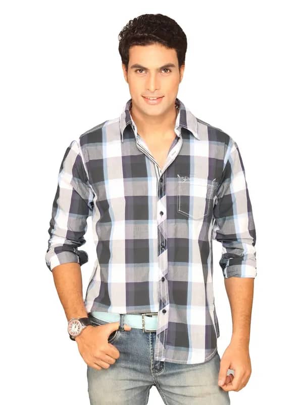 Highlander Men Grey Checked Slim Fit Shirt