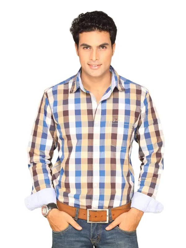 Highlander Men Blue Brown Checked Shirt