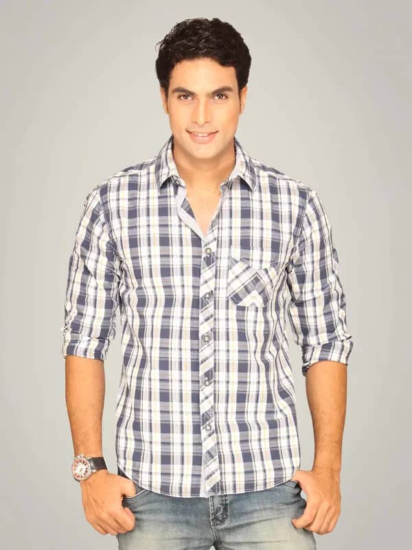 Highlander Men Grey Blue Black Checked Shirt