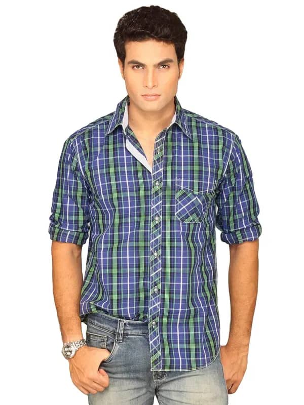 Highlander Men Blue Bold Green Checked Shirt