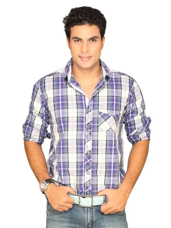 Highlander Men White Purple Black Grey Checked Shirt