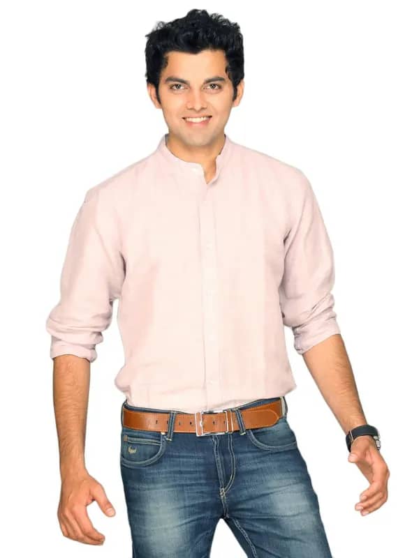 UCB Men Striper Mandarin Collar Light Pink Shirt