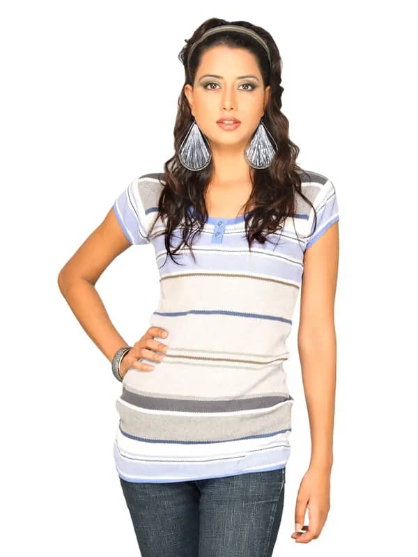 UCB Women Placket Stripe Grey Top
