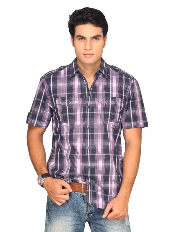 s.Oliver Men Purple Black Check Shirt