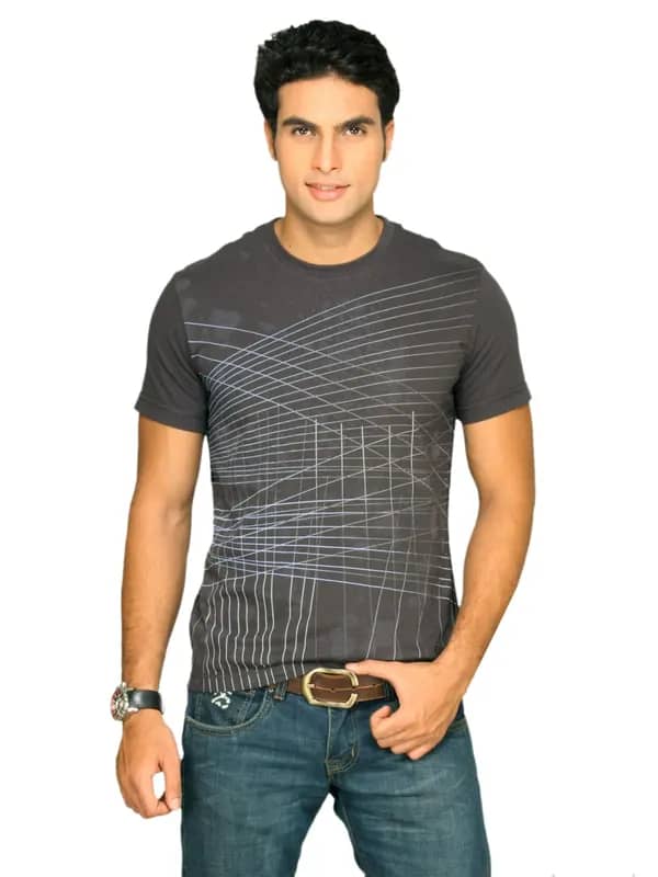 s.Oliver Men's Line Printed Dark Grey T-shirt