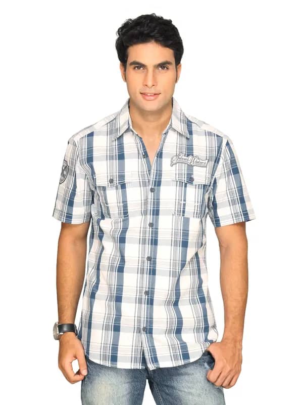 s.Oliver Men White & Blue Check Shirt