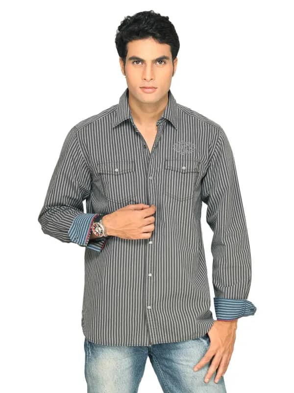 s.Oliver Men Striped Dark Grey Shirt