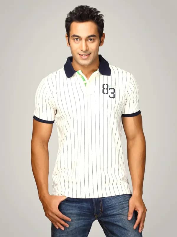 Proline Men Cream Striped Polo T-shirt