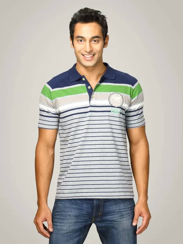 Proline Men Grey & Navy Striped Polo T-shirt