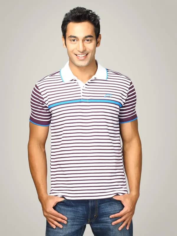 Proline Men White & Purple Striped Polo T-shirt