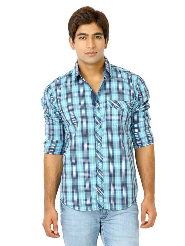 Highlander Men Blue Checked Hahn Slim Fit Shirt
