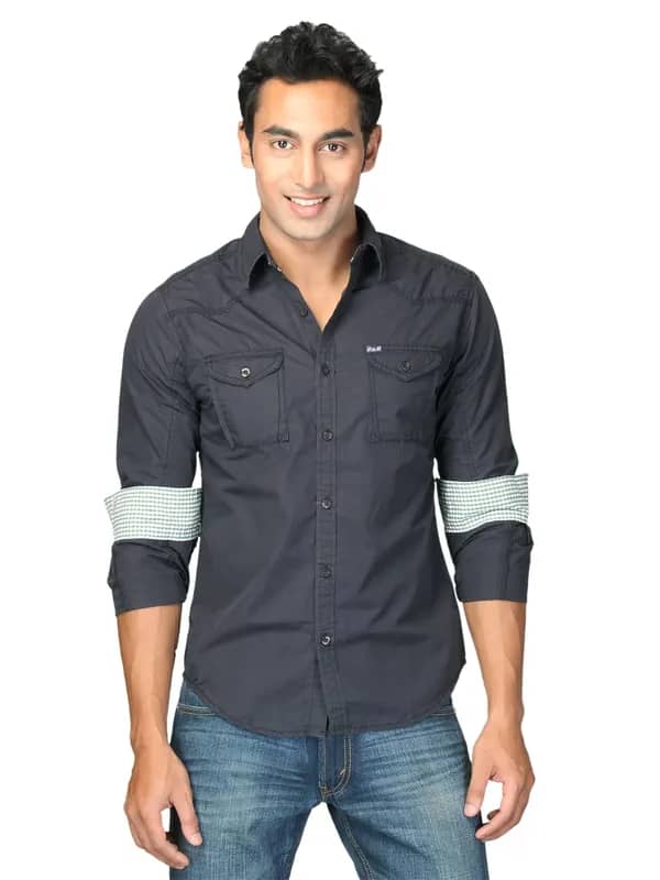 Locomotive Men Solid Poplin Laman Navy Blue Shirts