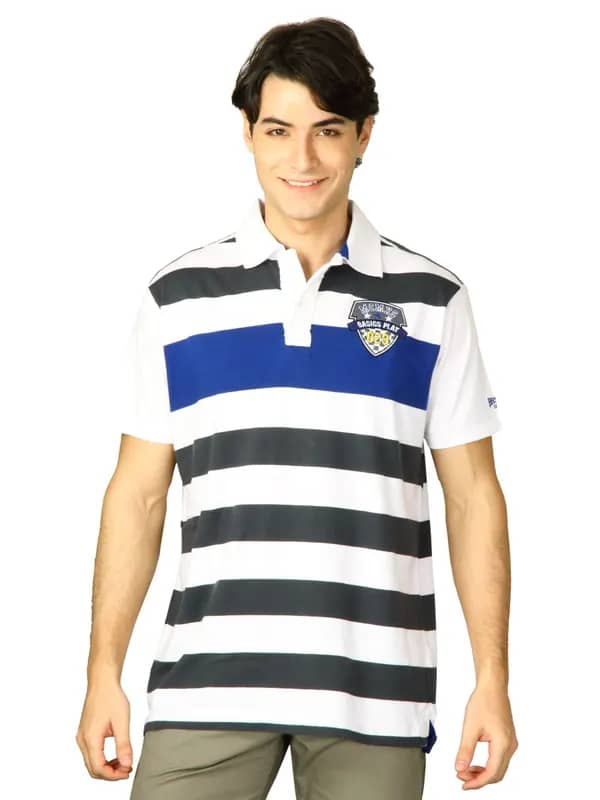 Basics Men White & Blue Polo T-shirt