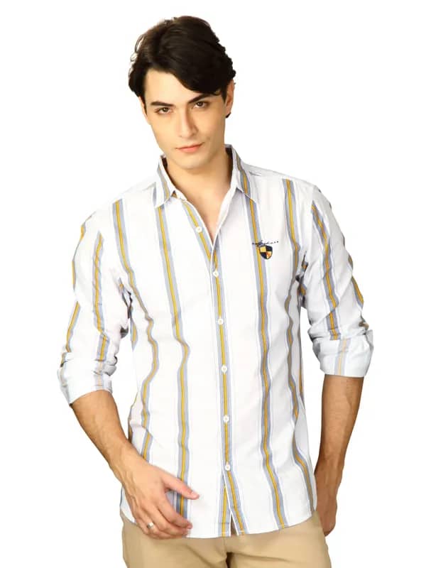 Spykar Men Ranger White Mustard Stripe Shirts