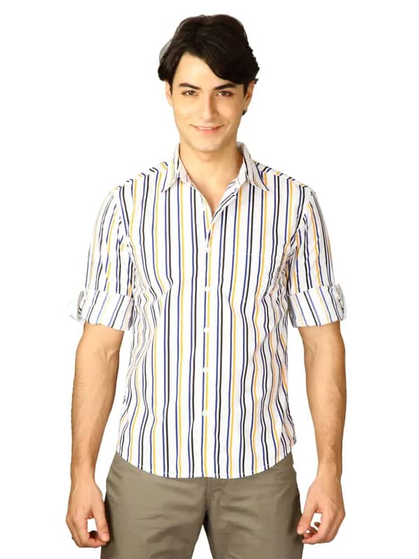 Spykar Men Ranger Yellow N Blue Stripes White Shirts