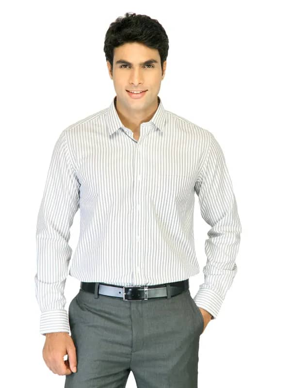 Mark Taylor Men Light Grey Striped Shirt