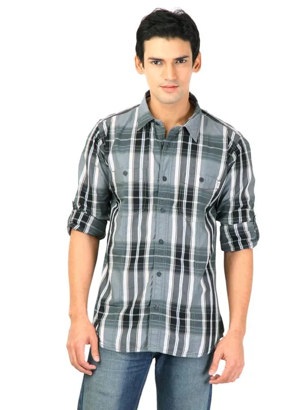 Basics Men Grey Checked Shirt