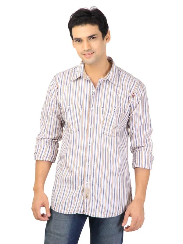 Basics Men White Slim Fit Striped Shirt