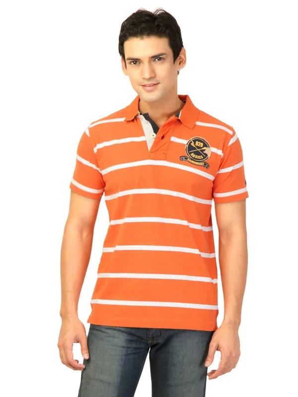 Basics Men Orange Striped Polo T-shirt