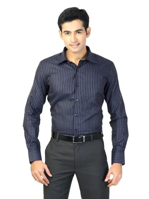 Genesis Men Stripes Navy Blue Shirts