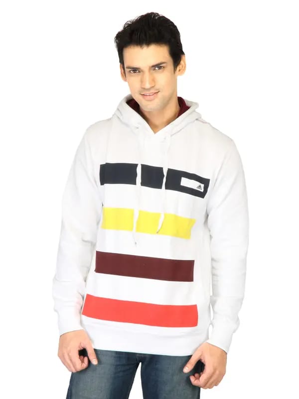 ADIDAS Men Sf Striped Hood White Sweatshirts