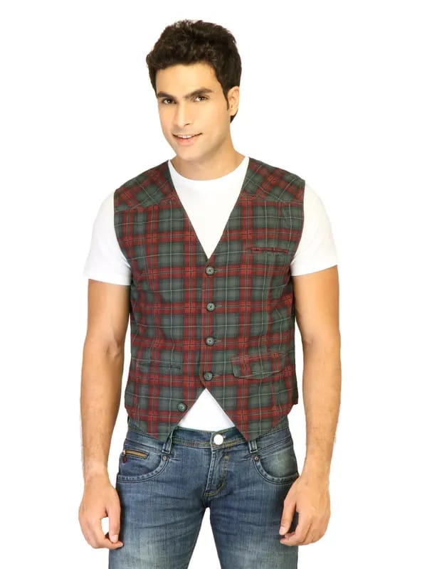 Basics Men Red Checked Waistcoat