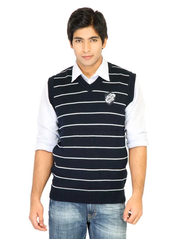Indigo Nation Men Stripes Navy Blue Sweaters