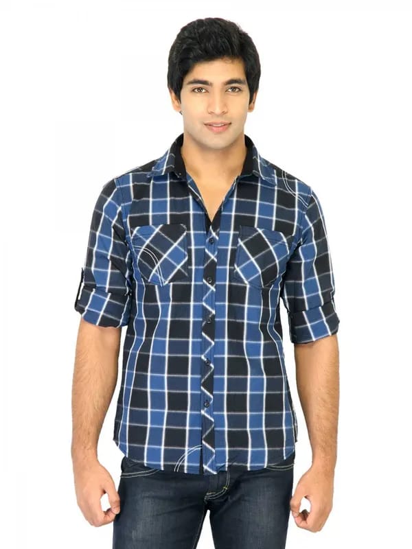 Flying Machine Men Check Blue Shirts