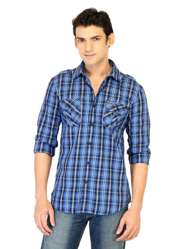 Flying Machine Men Check Blue Shirts