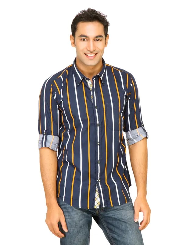 Probase Men Wide Stripes Navy Blue Shirts