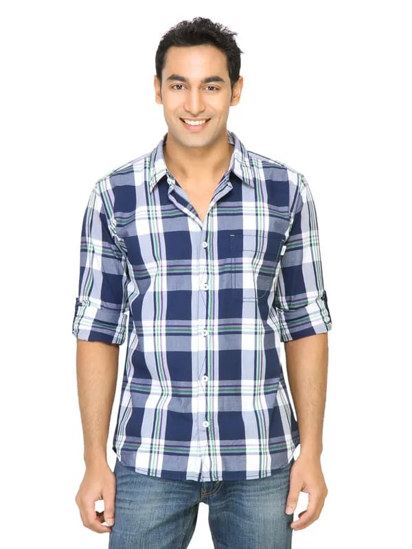 Basics Men Navy Slim Fit Checked Shirt