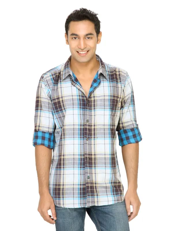Basics Men White Slim Fit Checked Shirt