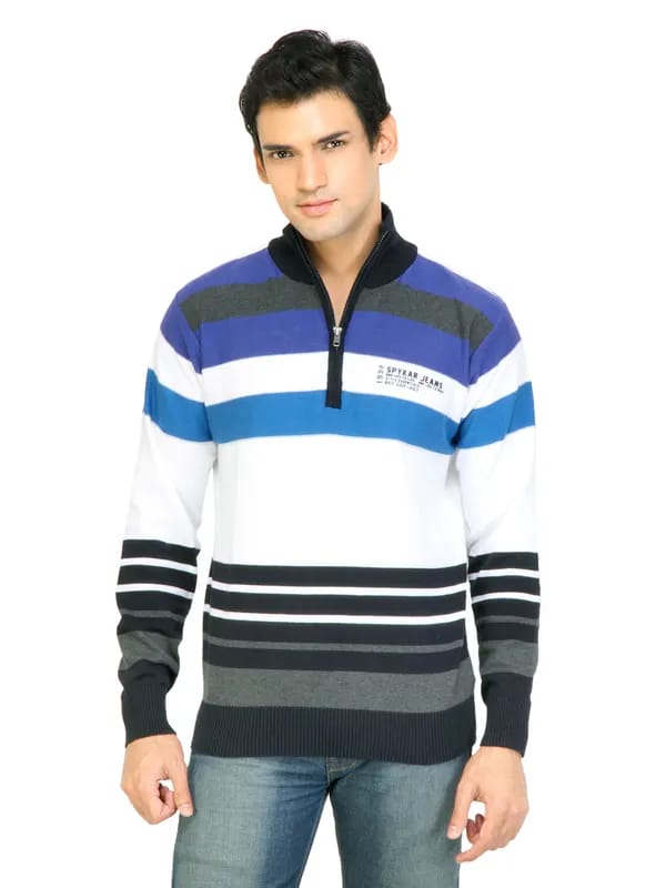 Spykar Men Stripes Blue Sweaters