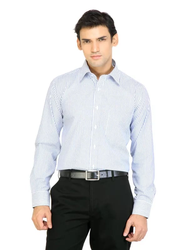 Mark Taylor Men White & Blue Striped Shirt