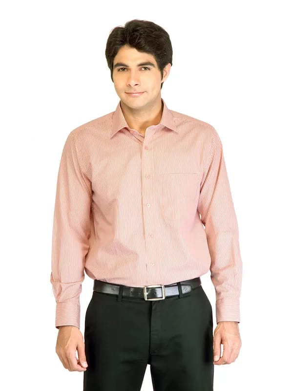 Peter England Men Stripes Peach Shirt
